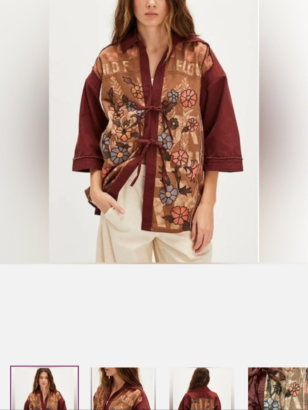 We The Free Pressed In Flowers Kimono XL NWT Maroon And Tan Embroiderery